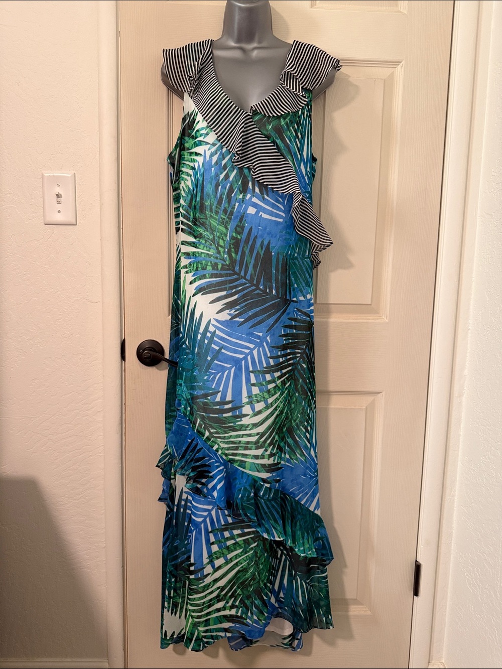 Calvin Klein Blue and Green Palm-Print Maxi Dress with Black & White Ruffle
